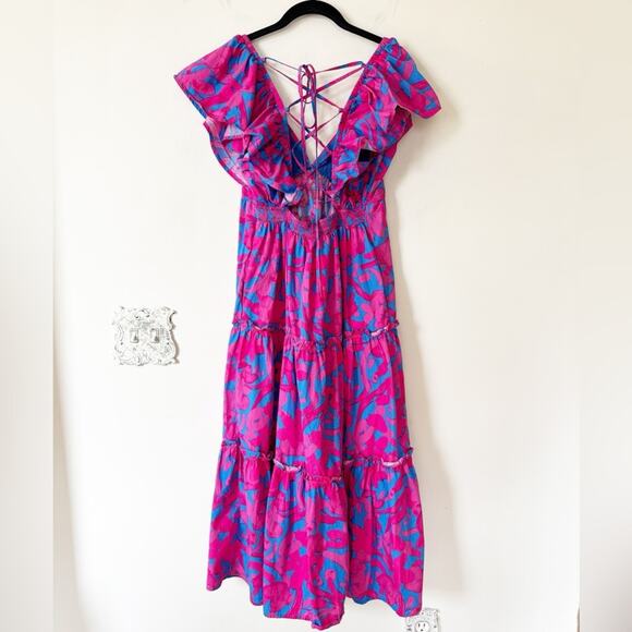 Sugarlips Pink and Blue Floral Yeraldi Berry Fiora Ruffle Open Back Midi Dress S - Picture 9 of 11